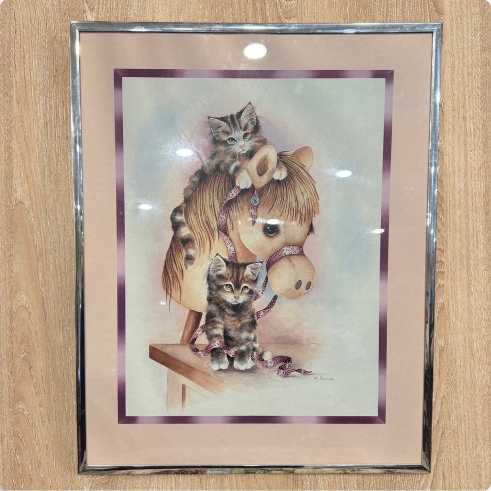 Vtg N.J. Bouvia Framed Kitten & Horse Print 16x20 Nursery Wall Art 1980s Pastel
